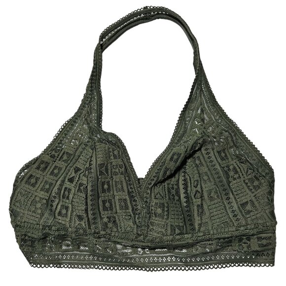 Aerie Lace Halter Bralette Size Medium Olive Green Padded Bra Comfort - Picture 1 of 6